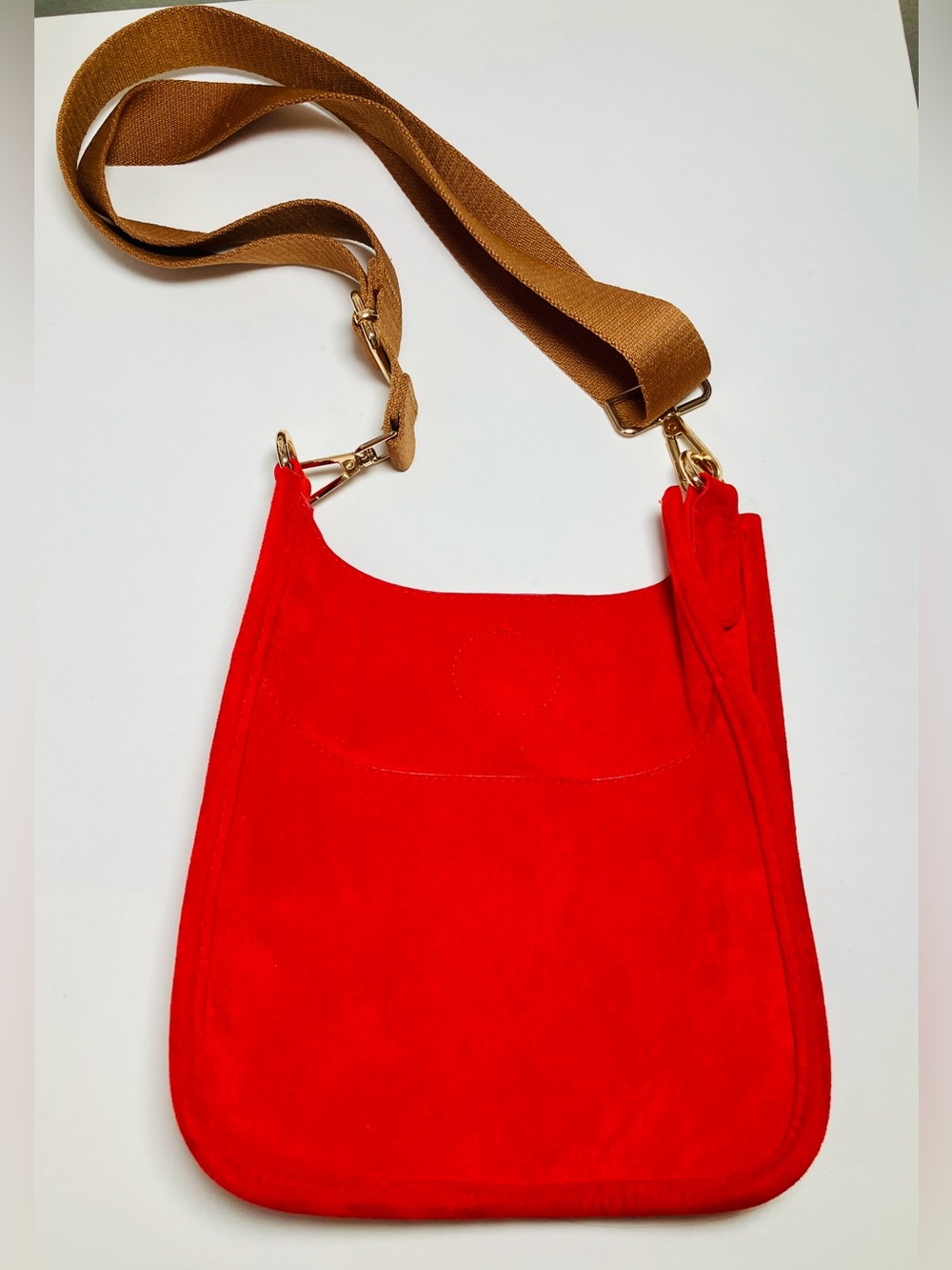 NWOT Red Vegan Suede Crossbody Bag with Tan Strap